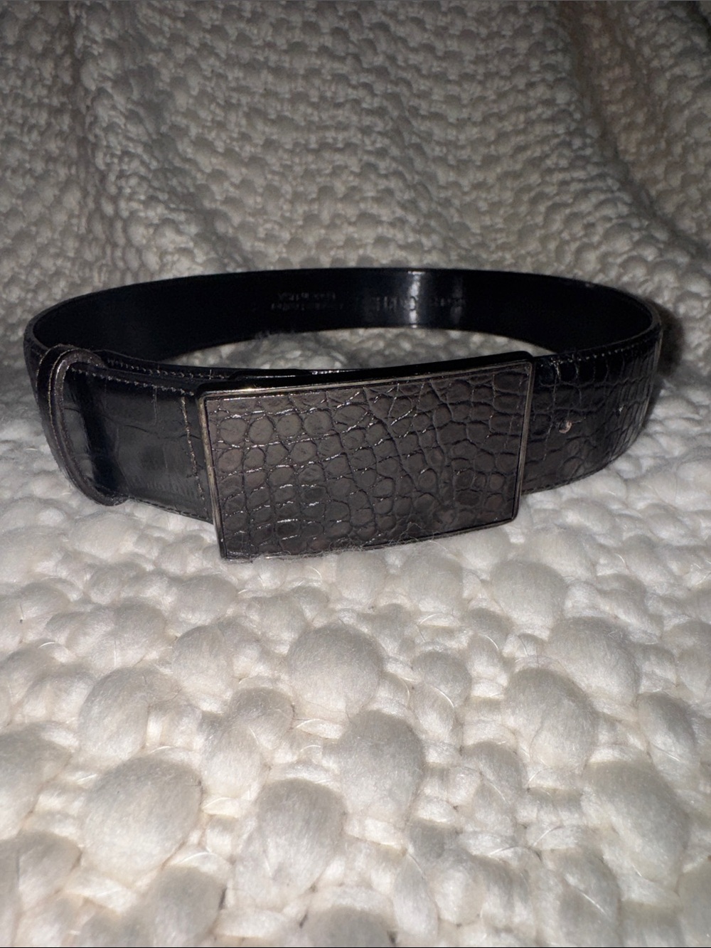 Carlisle Black Croc-Embossed Leather Belt with Textured Rectangular Buckle